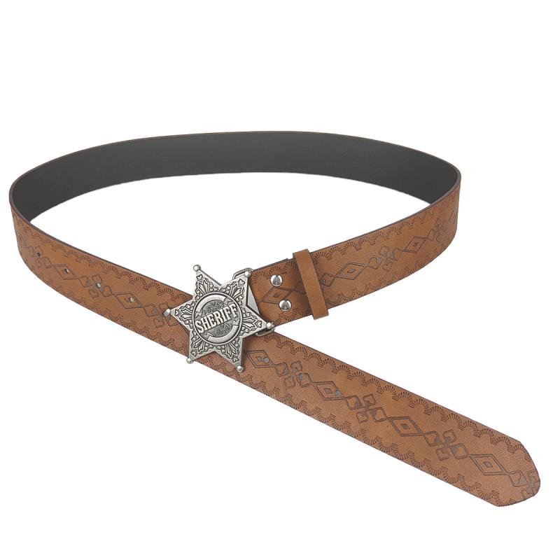 ベルト レディース PUレザー 星型合金バックル レトロ プリント デニム ジーンズ カジュアル 万能 ブラウン ピンバックル(x2)