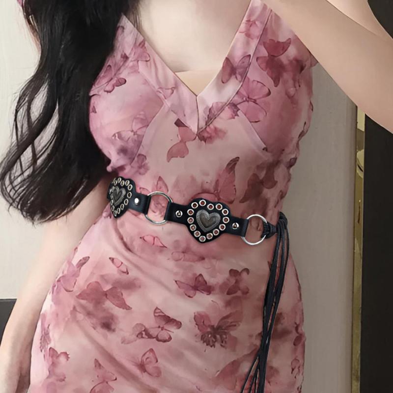 ベルト レディース ウエストベルト アメリカン 個性的 ウエスタン カウボーイ風 金属製リングバックル ハート レトロ スタッズ装飾 幅広 ワイド PUレザー 合金バックル ファッション小物 ブラック コーヒー チョコレート(x2)