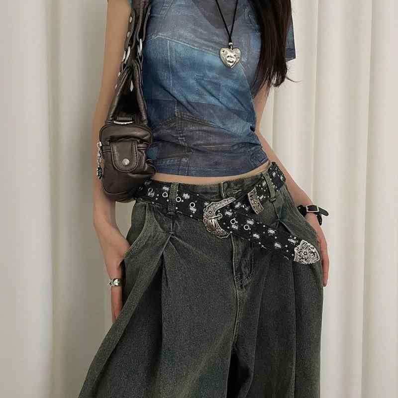ベルト レディース ヴィンテージ加工 デニム デザイン性 個性的 Y2Kスタイル アメカジ ファッション デニムパンツに最適 革製