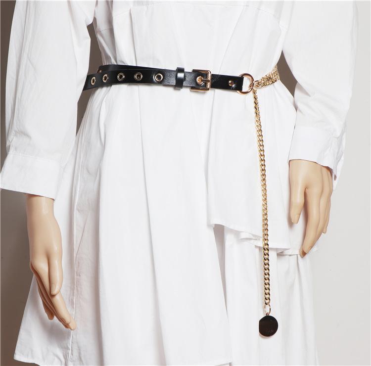 ベルト レディース 高級感 チェーンモチーフ PUレザーベルト 細身 ピンバックル スーツ ワンピース アウター スカート オフィス カジュアル 通勤スタイル 着回し 万能 ブラック ブラウン