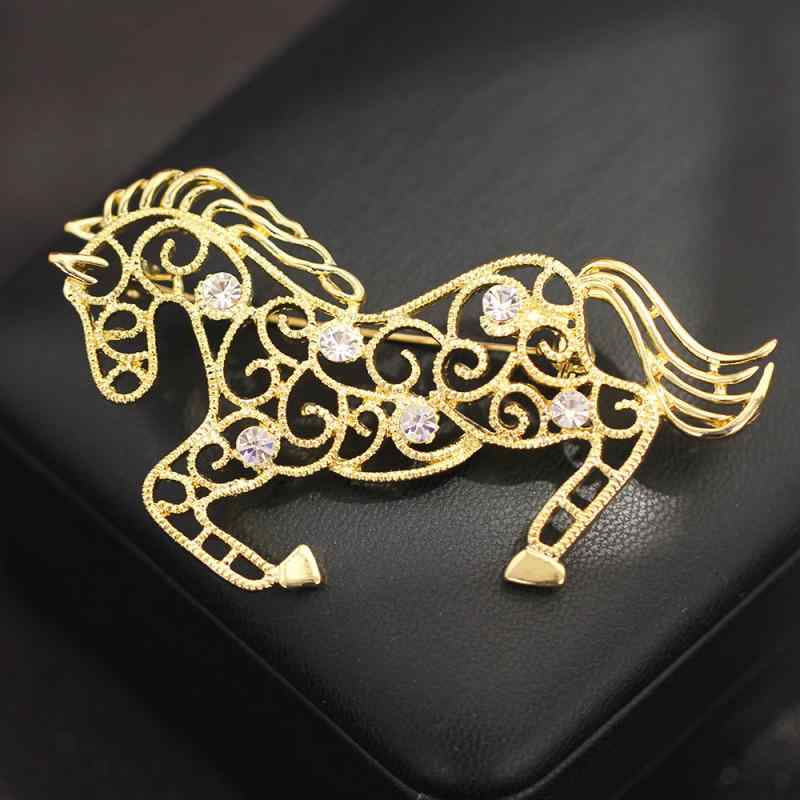ブローチ メンズ レディース 個性的 駿馬 ホース 動物モチーフ 透かし彫り ジルコニア ゴールド シルバ..