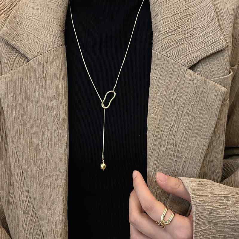 ネックレス レディース 長さ調節可能 シンプル クール 個性的 高級感 幾何学透かし ジオメトリック 球体モチーフ 合金製 電気メッキ加工 ロングペンダント シルバー ゴールド 春夏(4)