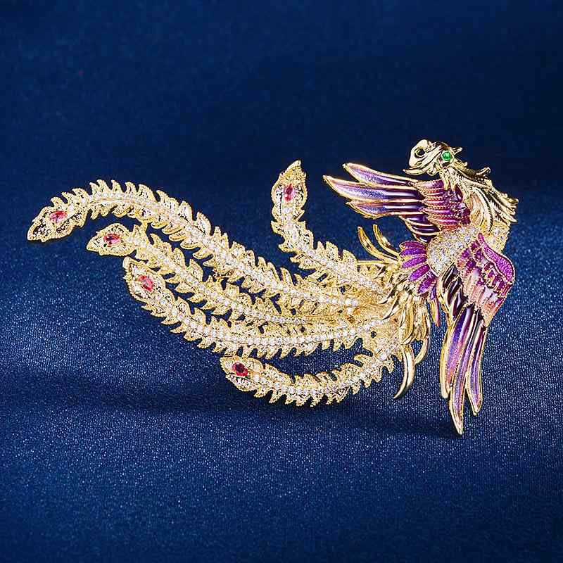 ブローチ 男女兼用 鳳凰 宮廷風 七宝焼き ジルコニア エレガント 高貴 存在感 銅製 電気メッキ加工 結..