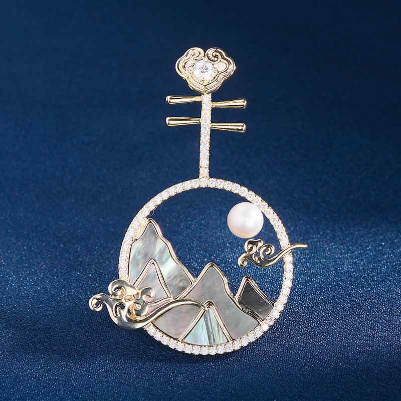 ブローチ レディース 女性用 中国風 レトロ 琵琶 淡水パール シェル 貝殻 祥雲 個性的 デザイン 銅製 ..
