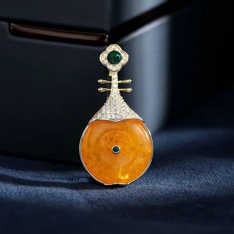 ブローチ レディース 新中華風 ラッキーアイテム 黄メノウ 琵琶 クラシック エレガント スーツ チャイ..
