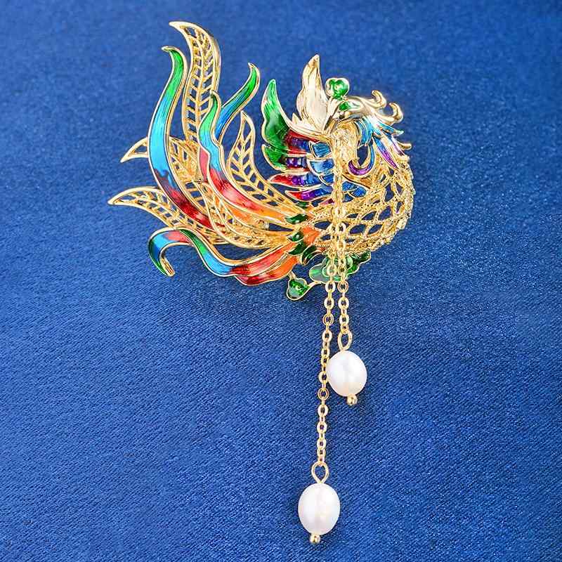 ブローチ レディース フェニックス 透かし彫り カラフル 淡水パール タッセル チャイナ風デザイン 民族..