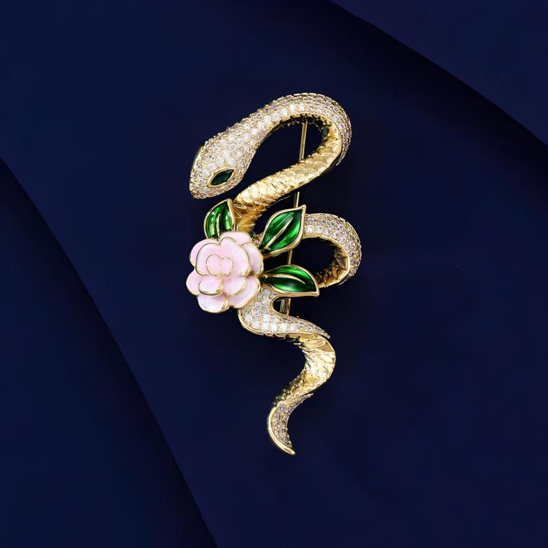ブローチ レディース レトロ アンティーク 高級感 上品 エレガント ローズ 薔薇 スネーク 蛇 モチーフ ..
