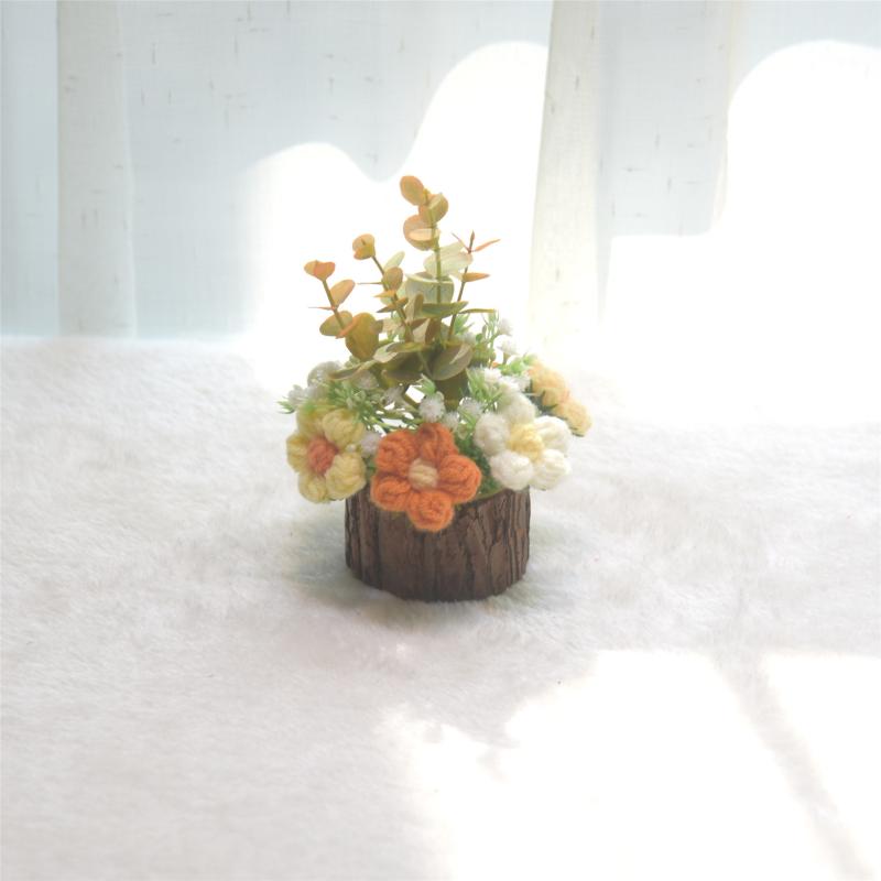 造花 ハンドメイド 毛糸 手編み かぎ針編み パフフラワー ポットアレンジ ブーケ オレンジ ピンク インテリア 置物 フェイクフラワー オブジェ かわいい ギフト 贈り物