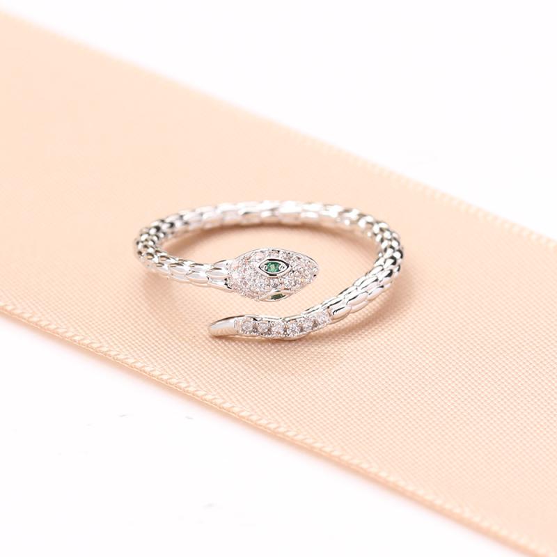 指輪 レディース エレガント マイクロパヴェ ジルコニア 繊細 蛇 オープンリング フリーサイズ 調節可能 幸運 万能 シルバー 電気メッキ加工