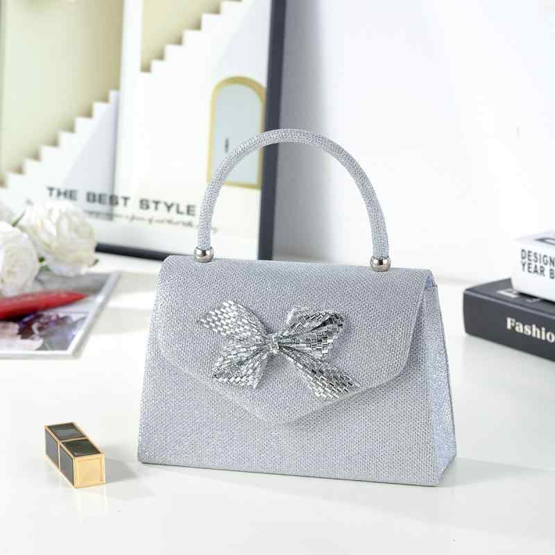 楽天セキュアデポパーティーバッグ レディース きらきら リボン 上品 エレガント ハンドバッグ ショルダーバッグ クラッチバッグ 結婚式 二次会 披露宴 お呼ばれ フォーマル 謝恩会 シンプル ポリエステル シルバー スクエア型