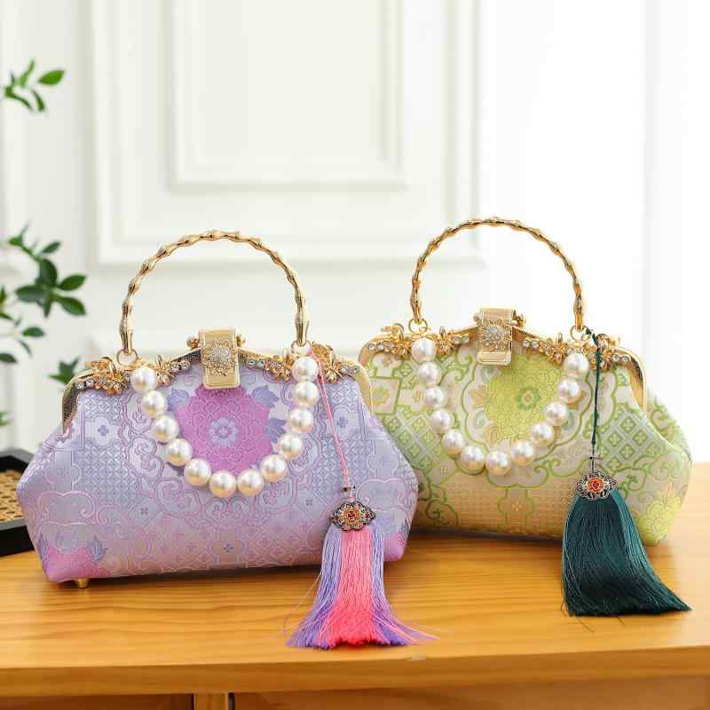 バッグ レディース ポリエステル製 軽量 柔らかい ロック開閉 ファスナーポケット付き 新中国風 レトロ オリエンタル シェル型 スクエア ミニ ハンドバッグ ショルダーバッグ 斜め掛け パーティー 結婚式 フォーマル カジュアル 普段使い チャイナドレ