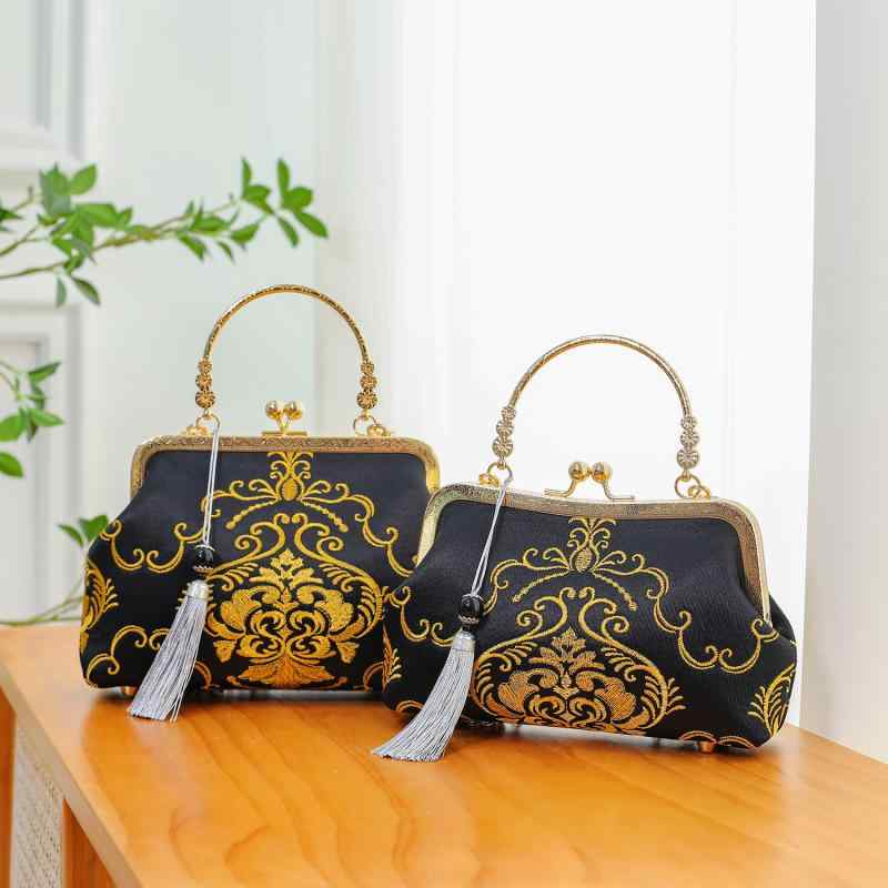 バッグ レディース ハンドバッグ ショルダーバッグ 斜め掛け クラッチバッグ チャイナドレス 欧米レトロ 貝殻型 刺繡 ロック金具 日常使い ミニサイズ ポリエステル素材 秋冬