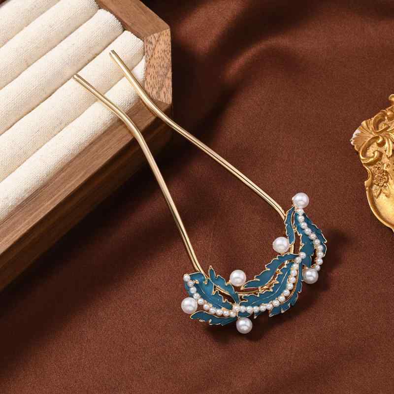 ヘアアクセサリー レディース 中華風 焼き付け七宝風 長羽 U字 簪 小粒パール 漢服 まとめ髪 お団子ヘア 合金製 レトロ 孔雀モチーフ