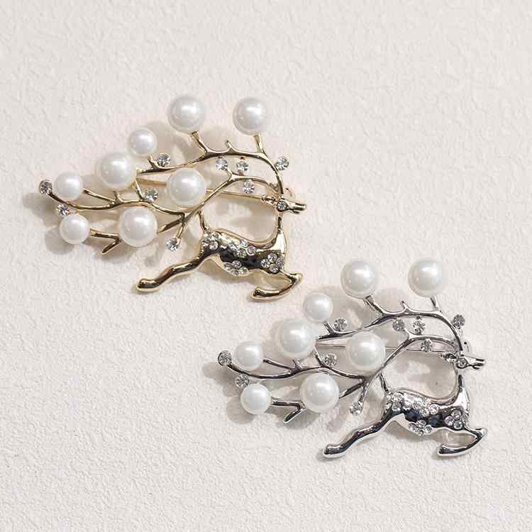 ブローチ 男女兼用 人工パール シカモチーフ 上品 シンプル 万能 光沢仕上げ 合金製 電気メッキ加工 ア..