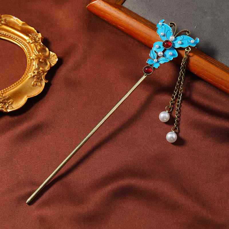 簪 レトロ 中国風 七宝焼風エナメル加工 花モチーフ フリンジ タッセル飾り まとめ髪 アップヘア 優美 ..