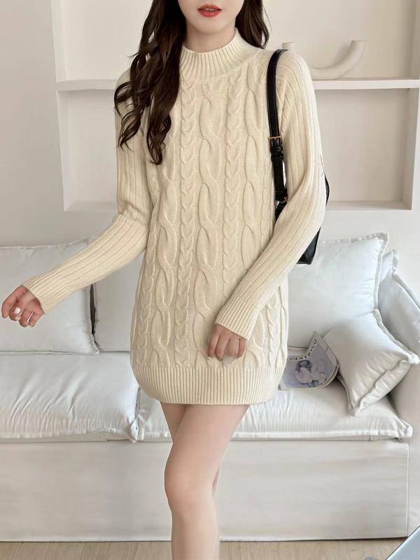 ニット レディース チュニック丈 ケーブル編み セーター 厚手 ハイネック 秋冬 お尻が隠れる おしゃれ 通勤 オフィス ストレッチ やわらか ストレートシルエット ゆったり オーバーサイズ 長袖