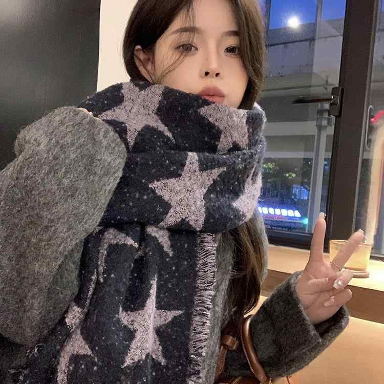 マフラー レディース ストール ショール ネックウォーマー スヌード 両面 星柄 フェイクカシミヤ カシミヤタッチ 秋冬 保温 あったか 万能 学生 カップル 通勤 通学 デイリー