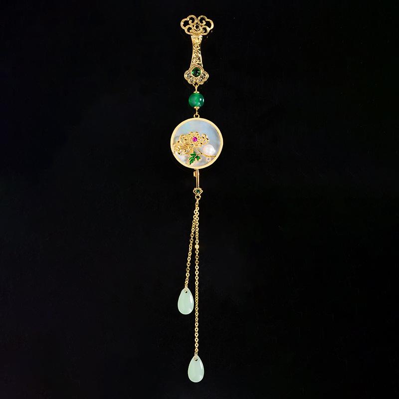 ブローチ レディース エレガント 高級感 貝殻 菊の花 パール タッセル ロング チャイナ風 襟元アクセサ..