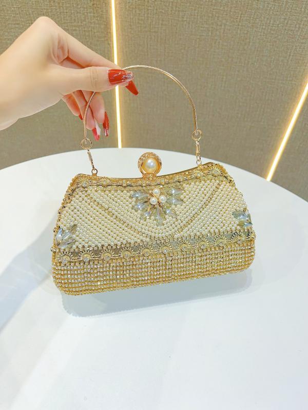 パーティーバッグ レディース ラインストーン タッセル パール イブニングバッグ ロック開閉 スマホポケット付き ピロー型 ポリエステル ワンショルダー 斜め掛け 結婚式 二次会 誕生日 宴会 フォーマル セレモニー ゴールド ブラック