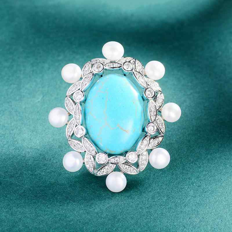 ブローチ レディース マイクロパヴェ ジルコニア ターコイズ 白パール 銅 電気メッキ加工 レトロ エレ..