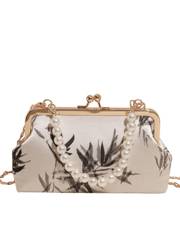 バッグ レディース 貝殻型 クラッチバッグ ハンドバッグ 墨絵風 竹柄 パール 竹持ち手 中華風 レトロ チャイナドレス向け 日常使い 鞄(4)