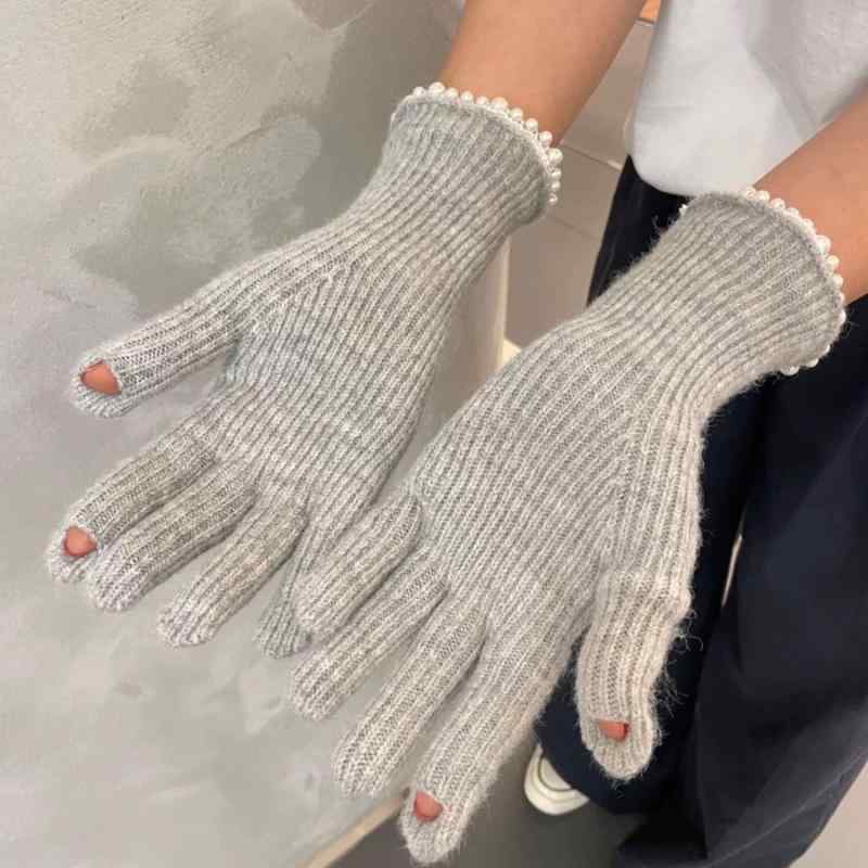 手袋 メンズ レディース スマホ対応 タッチパネル対応 保温 防寒 防風 5本指 パール付き ニットグロー..