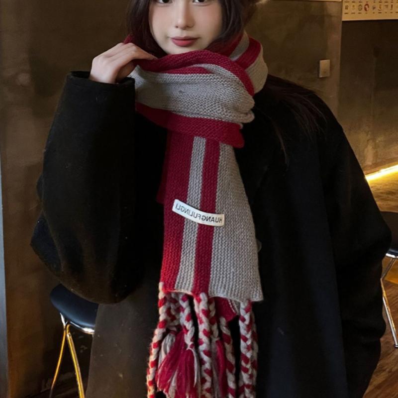 ストール レディース 和風 ボーダー バイカラー ケーブル編み フリンジ 保温 防寒 ロング丈 大判 230cm 冬 学生 ニット ショール エレガント カジュアル 通勤 毛糸