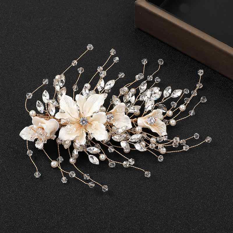 ヘアクリップ レディース 手編み 水晶 ラインストーン フラワーモチーフ 和風 古風 ブライダル 結婚式 ウェディング 成人式 卒業式 和装 浴衣 まとめ髪 アップスタイル クチバシクリップ 髪留め ゴールド シルバー 前撮り フォト アンティーク調(x2)