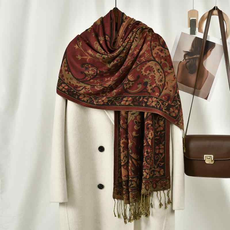 ショール レディース 民族風レトロ カシューナッツ柄刺繍 大判ロング丈 フリンジ付き ポリエステル お..