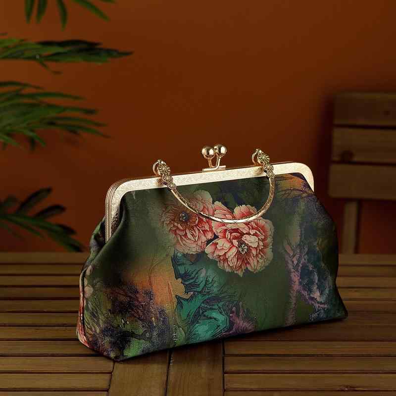 バッグ レトロ クラシック 花柄 シルク チャイナドレス 漢服 和装 結婚式 パーティー ハンドバッグ チェーンショルダー ミニ スクエア アンティークブロンズ調ハンドル スマホ収納 青 緑