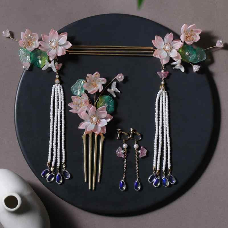 ヘアアクセサリー 女の子 古風 揺れる タッセル 蓮の花 かんざし 簪 ヘアコーム 豪華セット 漢服 チャイナドレス 時代劇 コスプレ 結婚式 発表会 イベント 髪飾り ヘッドドレス