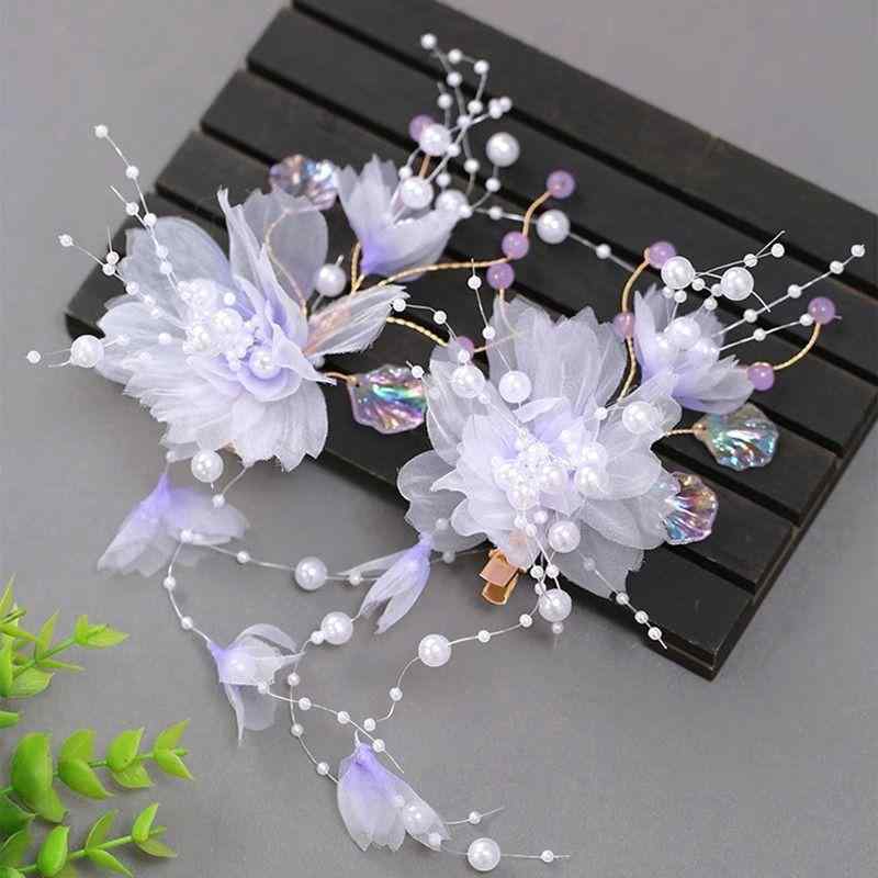 髪飾り レディース 女性用 漢服 和装 古風 レトロ 絹花 シルクフラワー 優美な 歩揺 かんざし ヘアクリップ 紫色 ペアセット イベント 祭り 結婚式 卒業式