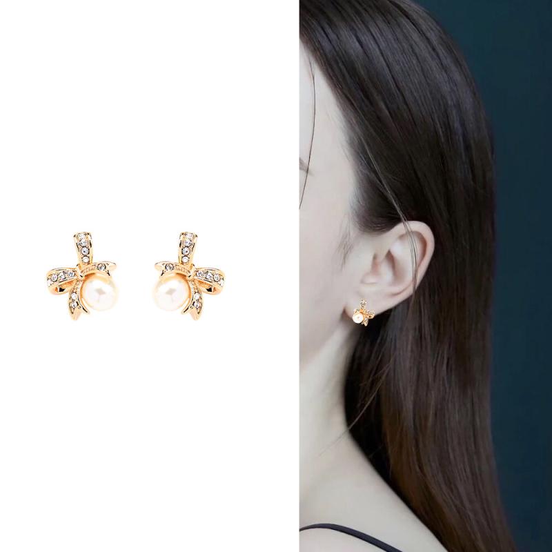 イヤリング レディース ノンホールピアス 韓国風 かわいい レトロ フェイクパール埋め込み リボンモチーフ イヤークリップ ゴールド 合金製 電気メッキ加工