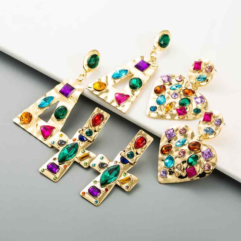 Rhinestone - ピアス レディース 大ぶり ハート型 ジオメトリック 合金製 カラフルラインストーン ゴールド アンティーク調 イヤリング 耳飾り ジルコニア 個性的 カジュアル パーティー イベント オケージョン