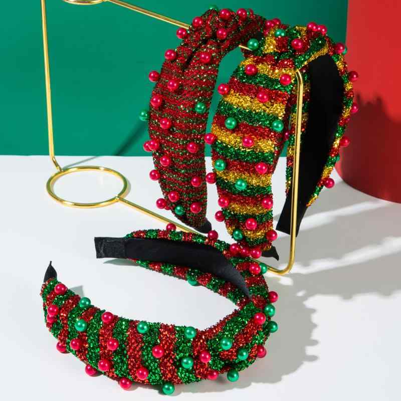 カチューシャ レディース クリスマス パーティー お呼ばれ おしゃれ 切り替え ストライプ パール ラインストーン キラキラ エレガント 上品 華やか