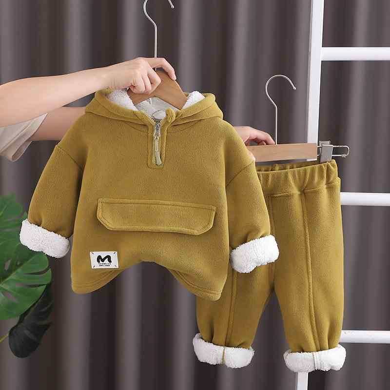 キッズ 男の子 女の子 裏起毛 厚手 フード付き 長袖 プルオーバー ロングパンツ 2点セット 秋冬 あったか 保温 防寒 子供服 カジュアル ルームウェア 綿混 無地