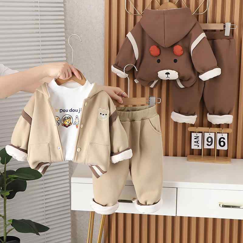 ベビー 男の子 セットアップ 厚手 裏起毛 立体クマ キャラクター フード付き 3点セット カジュアル スウェット上下 ルームウェア 綿混 秋冬