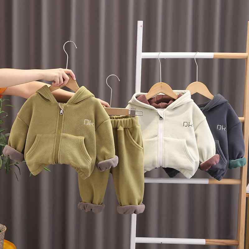 セットアップ ベビー キッズ 子供服 男女兼用 裏起毛 厚手 あったか 防寒 フード付き 長袖 長パンツ ジップアップ 上下セット 柔らかい 韓国風 ポリエステル混紡 秋冬 無地 部屋着