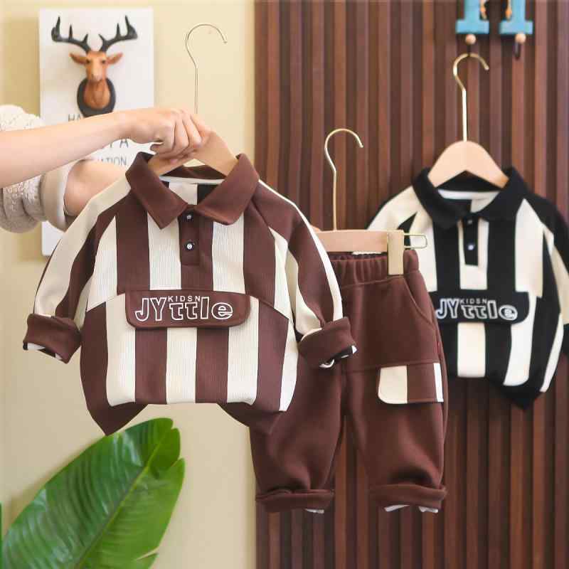 ベビー 男の子 春秋 柔らかい 肌触りの良い 綿混 襟付き 縦ストライプ ポロスウェット 長袖 上下セット ロングパンツ 普段着 部屋着 カジュアル