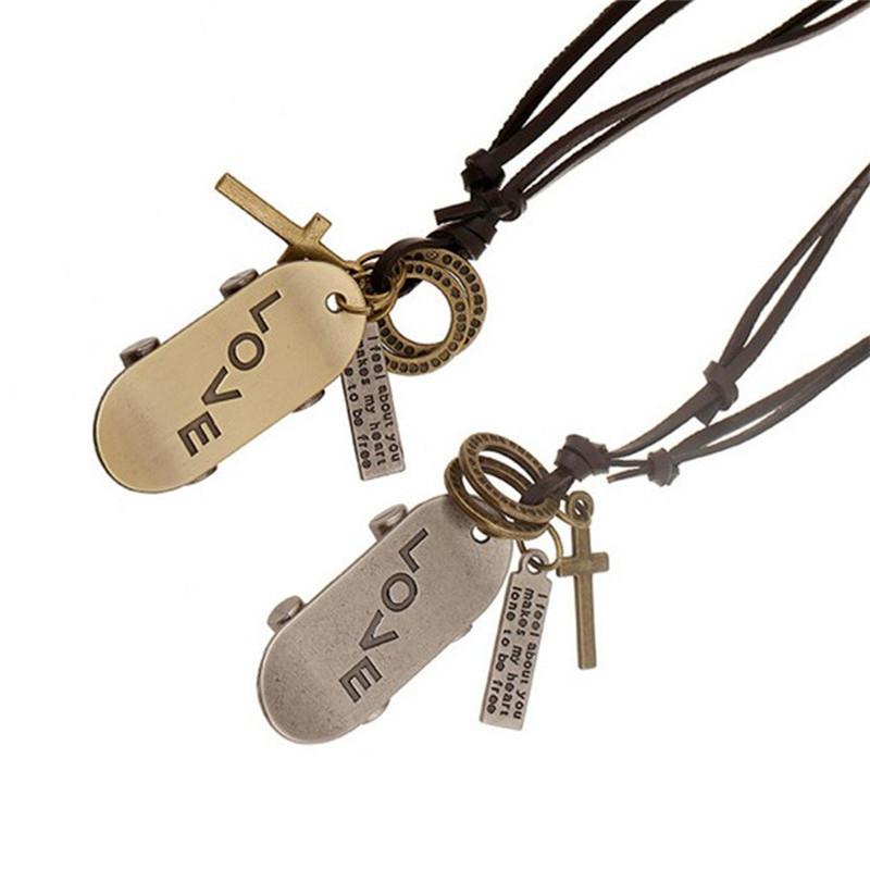 ネックレス 男女兼用 牛革 レザー ロング 合金 スケートボード LOVE モチーフ レトロ 欧米風 幾何学模..