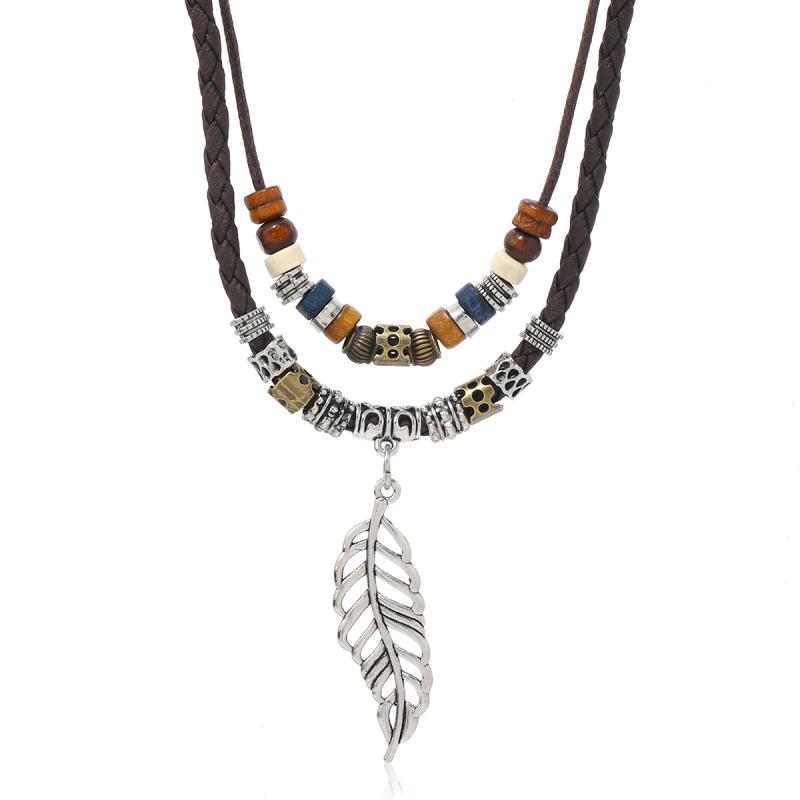 ネックレス メンズ レトロ ヴィンテージ レイヤード リーフモチーフ ビーズ ペンダント ハンドメイド ロング レザー ブラウン 個性的 ..