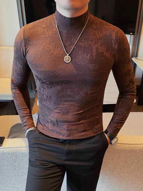 Tシャツ メンズ 秋物 山水画 伸縮性 ストレッチ ハイネック モックネック 長袖 ロングスリーブ スリムフィット 大人カジュアル おしゃれ ポリエステル