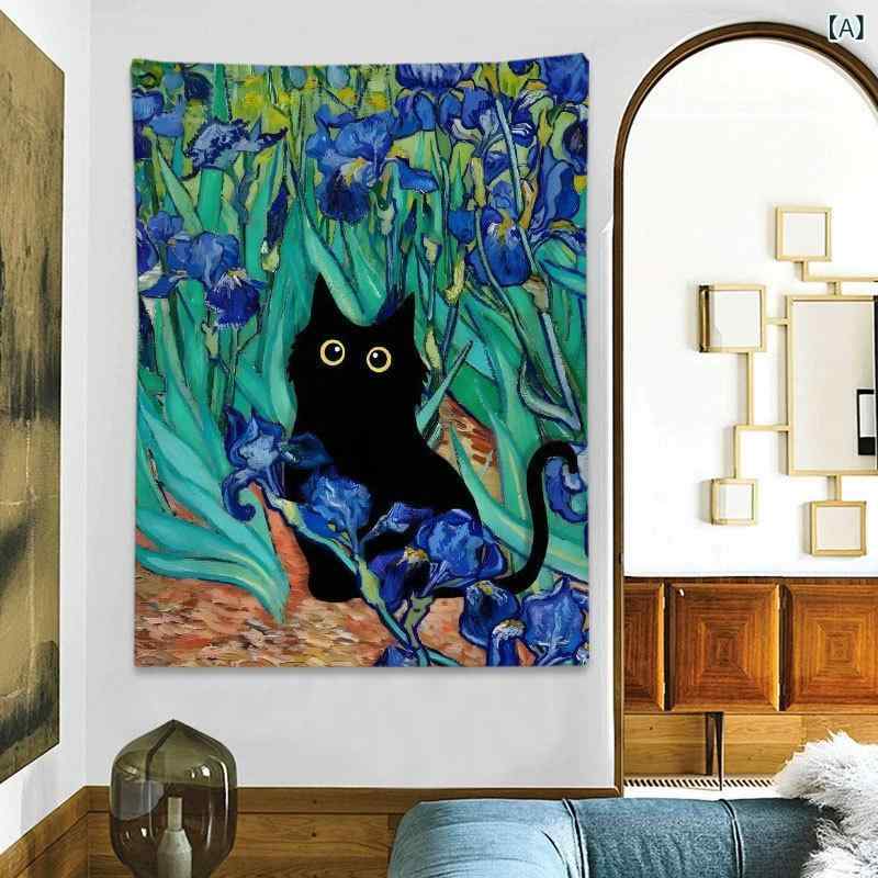 タペストリー 黒猫 名画 アート いたずら 猫モチーフ おもしろ かわいい 個性的なデザイン 遊び心 ウォールデコレーション リビングルーム 背景布 部屋の模様替え おしゃれな壁飾り [2]