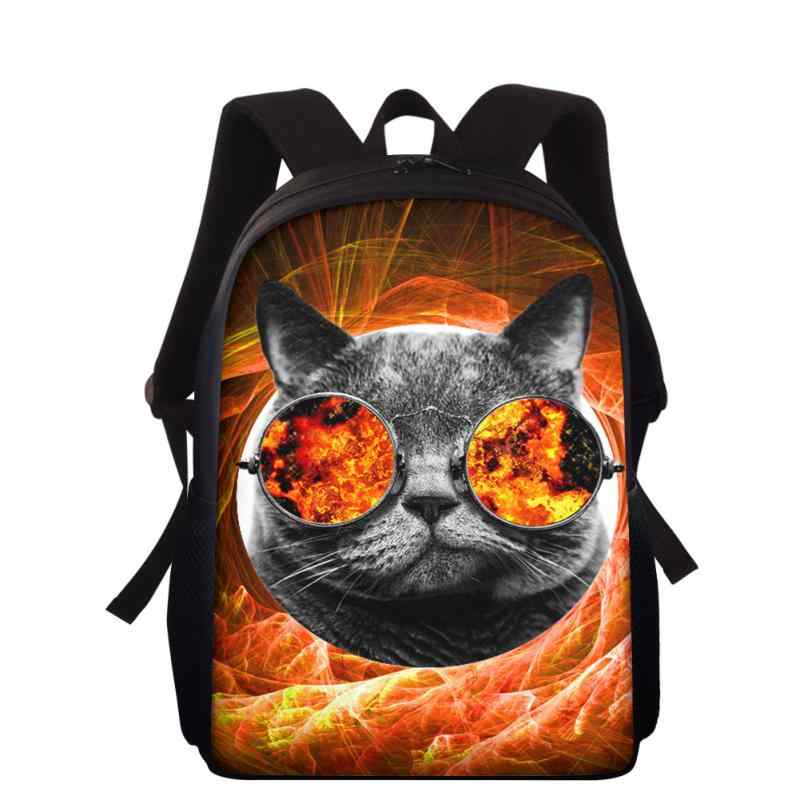 リュックサック キッズ クールなメガネ猫プリント ファスナー開閉 軽量 ポリエステル 多機能収納 小学..