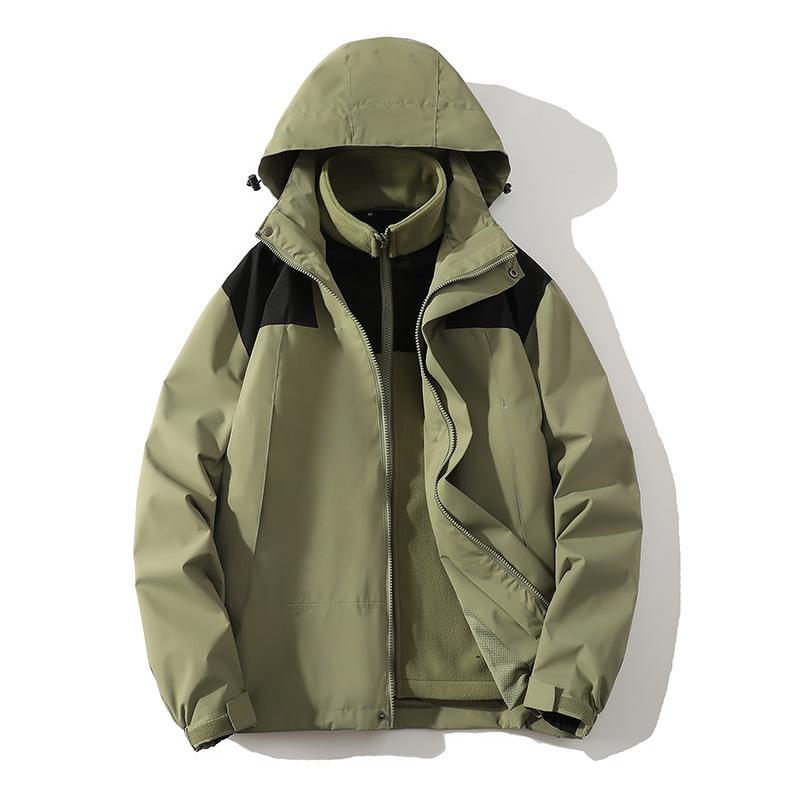 マウンテンパーカー メンズ 防風 フリース裏地 取り外し可能 デタッチャブル 3in1 フード付き 2点セット 切り替え アウトドア 旅行 トレッキング 登山 キャンプ 無地 リネン ホワイト