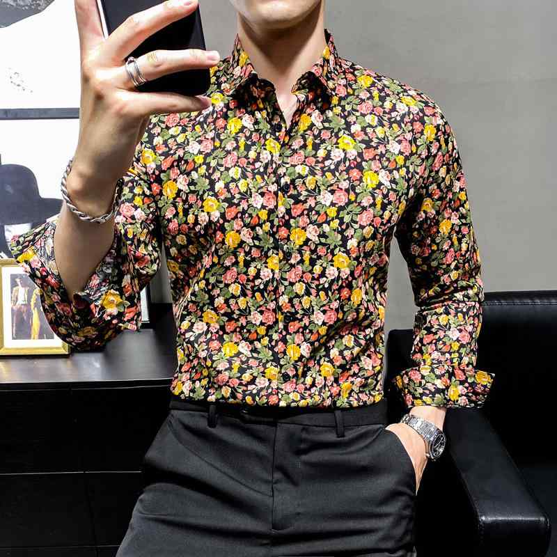 シャツ メンズ 形態安定 長袖 コットン ビッグサイズ スリムフィット レギュラーカラー 小花柄 韓国ファッション カジュアル 春秋 20代 30代 普段着 多色展開