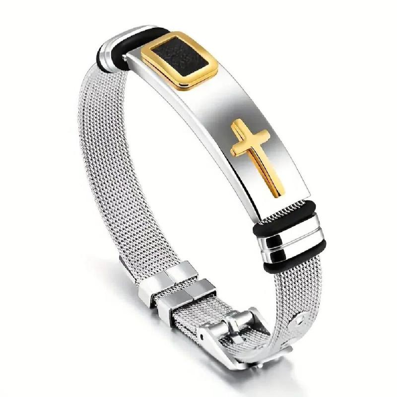 ブレスレット メンズ 十字架 個性的 チタン鋼 電気メッキ加工 サイズ調整可能 鏡面仕上げ 幾何学模様 ..