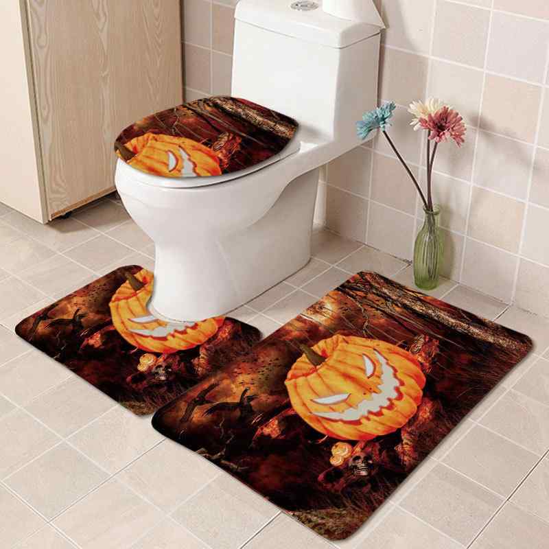 バスルームセット ハロウィン柄 高精細プリント 超ソフト ふわふわ 吸水 速乾 滑り止め 浴室 トイレ用マット バスマット シャワーカーテン ポリエステル 洗え...