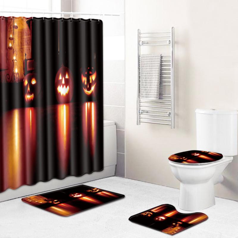 マット シャワーカーテンセット ハロウィン 防水 丸洗いOK ポリエステル バスルーム キッチン リビング用 トイレマット ラグ 四点セット