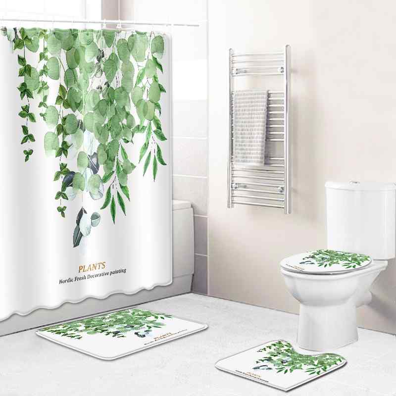 シャワーカーテン 防水 グリーンリーフ柄 ボタニカル柄 ポリエステル製 トイレマット バスマット 複数点セット おしゃれ モダン ホテルライク 浴室 洗面所 脱衣所用